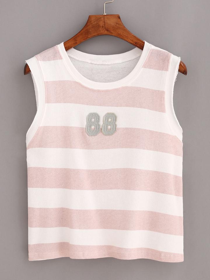 Romwe Pink Striped Patch Tank Top
