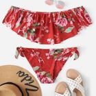 Romwe Floral Flounce Top With Tie Side Bikini Set