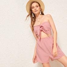 Romwe Knot Front Peekaboo Gingham Romper