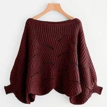 Romwe Eyelet Detail Dolman Sleeve Scalloped Sweater