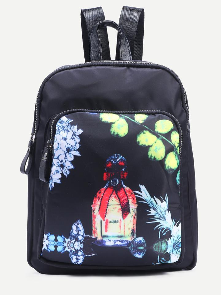 Romwe Black Printed Square Nylon Backpack