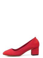 Romwe Red Faux Suede Round Toe Mid Heel Chunky Pumps
