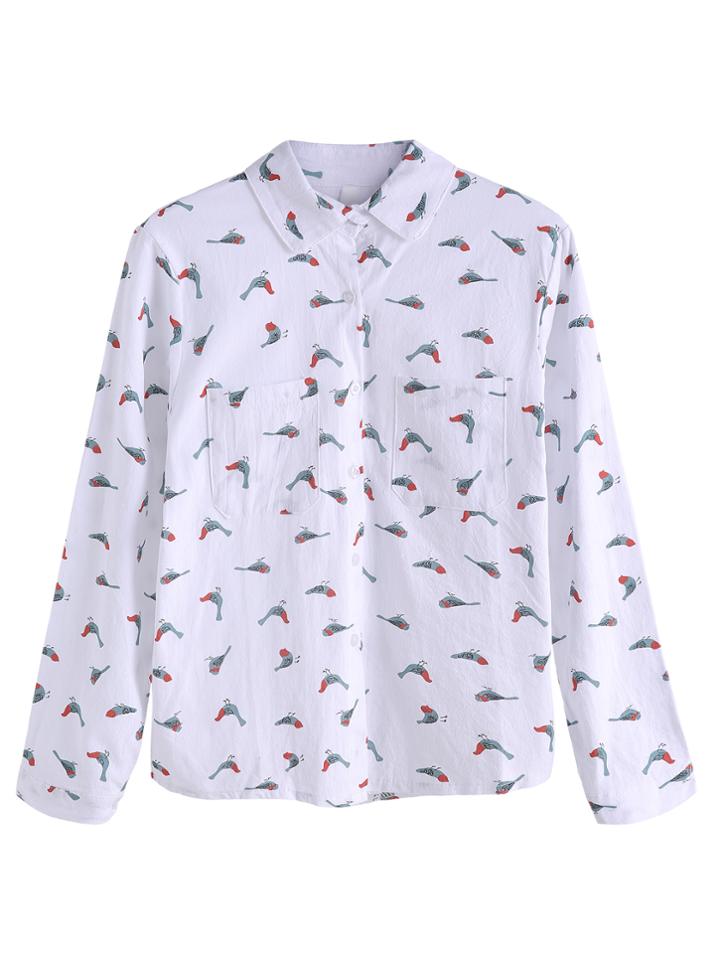 Romwe White Birds Print Pockets Shirt