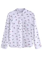 Romwe White Birds Print Pockets Shirt