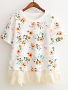 Romwe White Short Sleeve Lace Hem Flowers Print T-shirt
