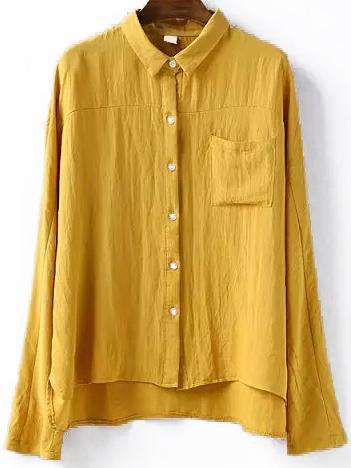 Romwe Lapel Dip Hem Pocket Yellow Blouse