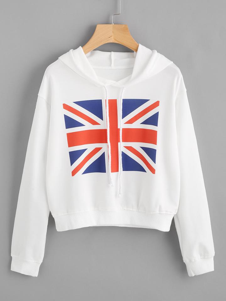 Romwe Drop Shoulder Flag Print Hoodie