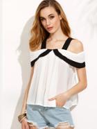 Romwe White Contrast Panel Fold Over Cold Shoulder Top