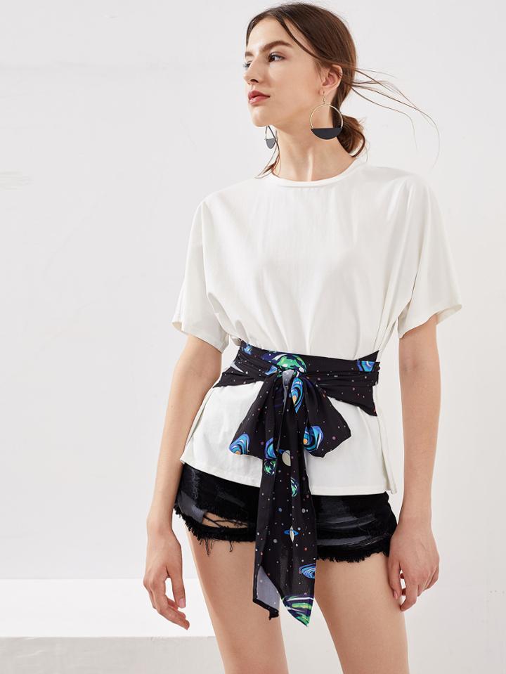 Romwe Galaxy Print Sash Tie Detail T-shirt