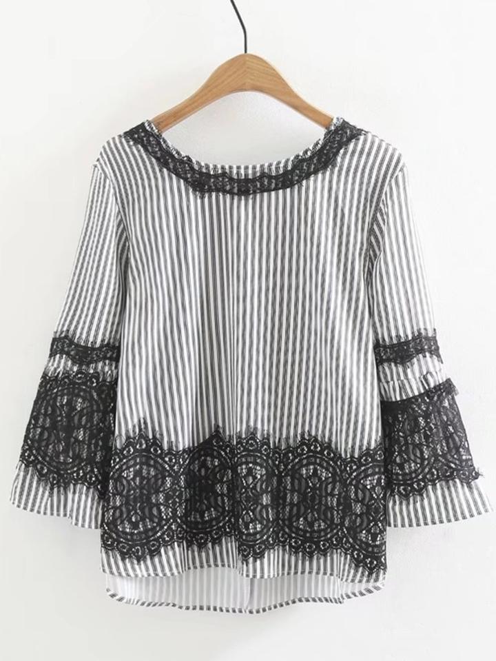Romwe Lace Insert Tie Back Striped Blouse