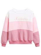 Romwe Pink Letter Embroidery Color Block Sweatshirt