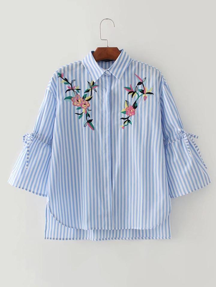 Romwe Vertical Striped Tie Sleeve High Low Blouse