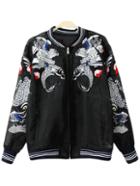 Romwe Black Pockets Fish Embroidery Organza Jacket