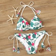 Romwe Random Tropical Halter Top With Tassel Tie Bikini Set
