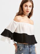 Romwe Contrast Off The Shoulder Layered Bell Sleeve Top