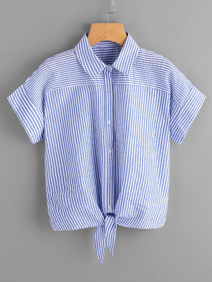 Romwe Tie Front Vertical Striped Top