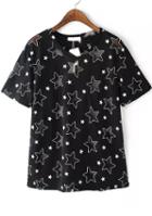 Romwe With Sheer Mesh Star Pattern Black T-shirt