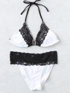 Romwe White Contrast Lace Trim Triangle Bikini Set
