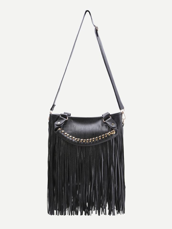 Romwe Black Fringe Design Shoulder Bag With Handle