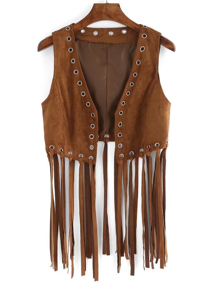 Romwe Perforation Tassel Khaki Vest