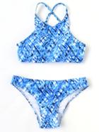 Romwe Blue Printed Cross Back Bikini Set