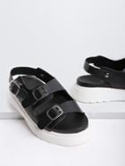 Romwe Black Buckle Strap Pu Flat Sandals