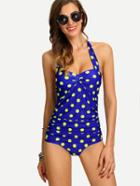 Romwe Ruched Polka Dot Print One-piece Swimwear - Blue