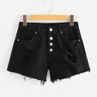 Romwe Button Fly Destroyed Ripped Denim Shorts