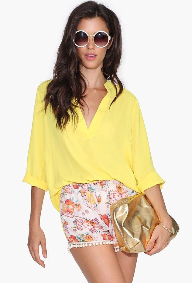 Romwe Yellow V Neck Half Sleeve Loose Blouse
