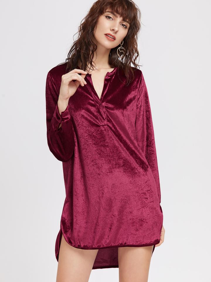 Romwe Burgundy V Neck Slit Side High Low Velvet Dress