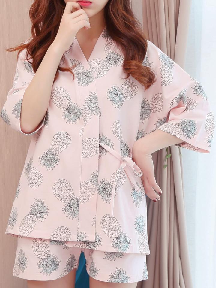 Romwe Pineapple Print Wrap Top & Shorts Pj Set