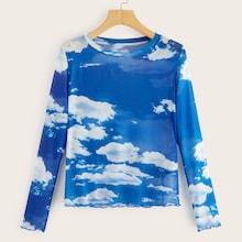 Romwe Random Cloudy Sky Print Ombre Mesh Top Without Bralette