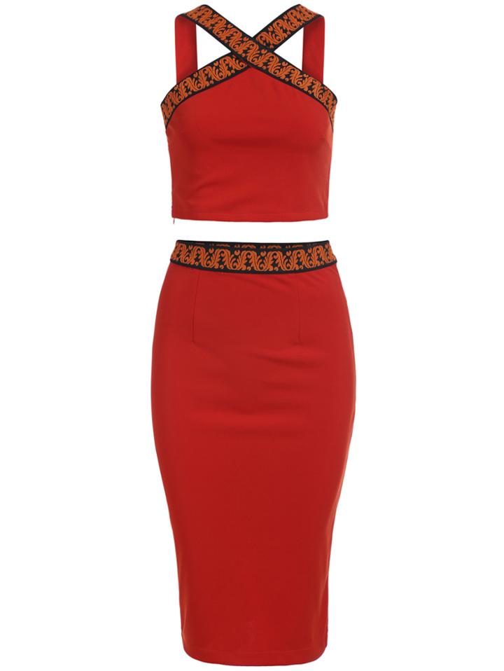 Romwe Criss Cross Crop Top With Back Split Orange Skirt