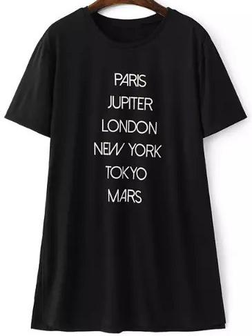Romwe Letter Print Split Side T-shirt