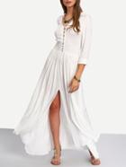 Romwe Buttoned Crochet Panel High Slit Smocked Waist Dress