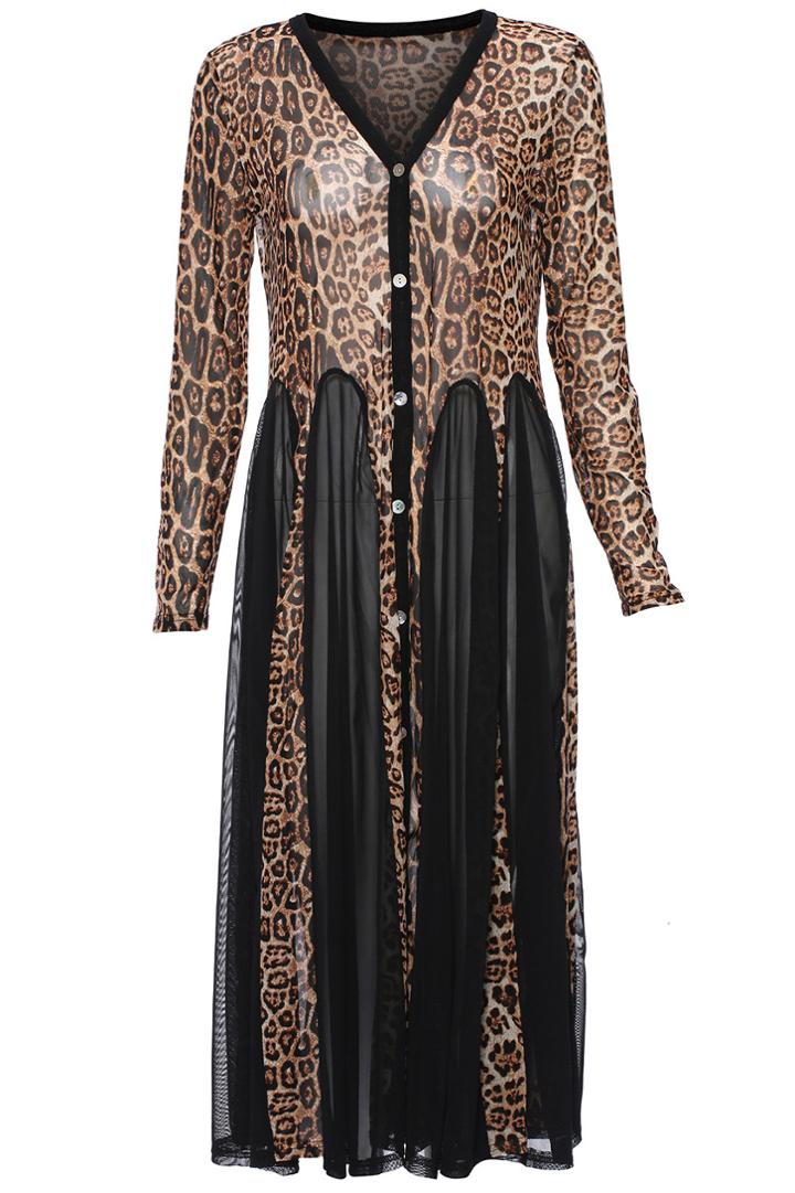 Romwe Leopard Mesh Extra-long Chiffon Cardigan