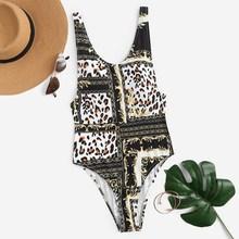 Romwe Mix Print Low Back One Piece Swimwear