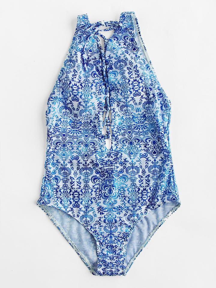 Romwe Lace Up Plunge Neckline Open Back Swimsuit