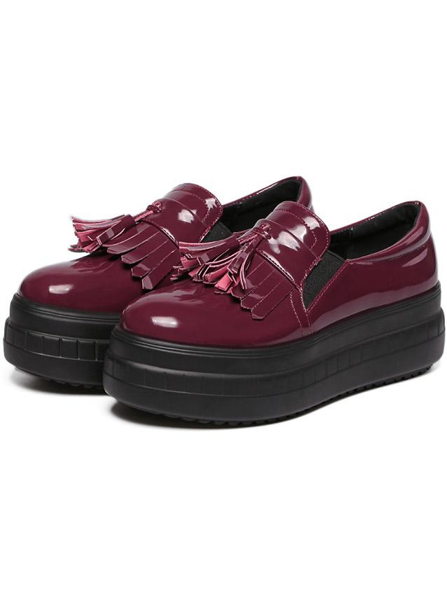 Romwe Wine Red Round Toe Fringed Thick-soled Flats