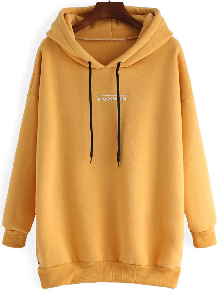 Romwe Hooded Letter Print Dip Hem Zipper Slit Yellow Sweatshirt