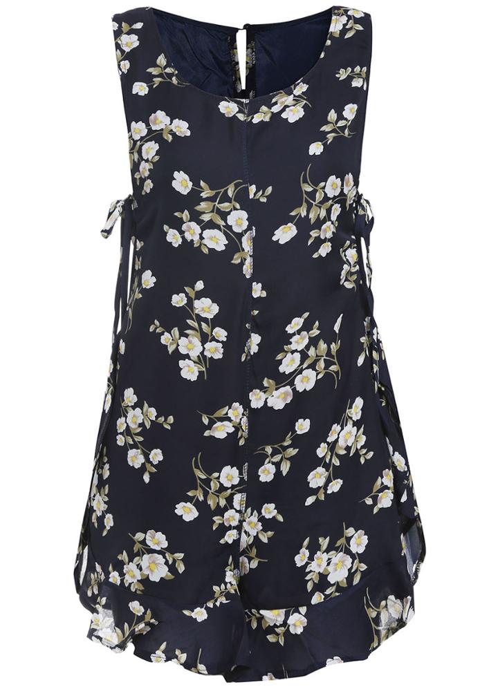 Romwe Side Lace Up Florals Chiffon Shift Dress