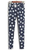 Romwe High Waist Daisy Print Navy Pencil Pant