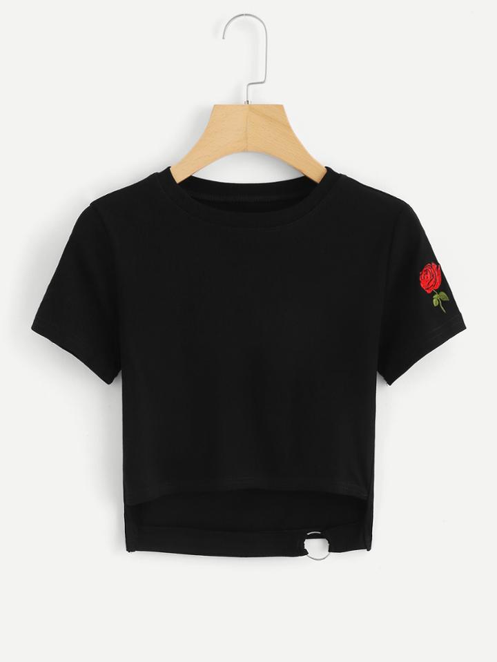 Romwe Rose Embroidered Patch Ring Detail Tee