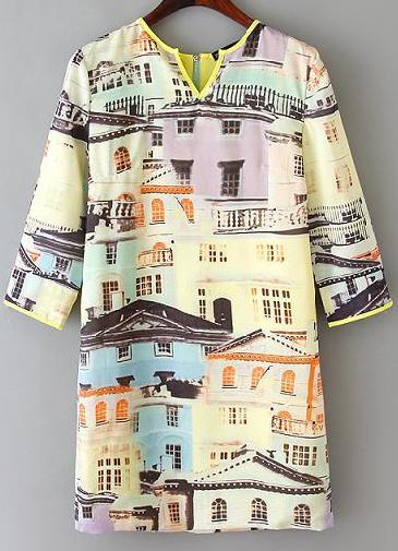 Romwe V Neck Building Print Dress
