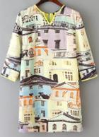 Romwe V Neck Building Print Dress