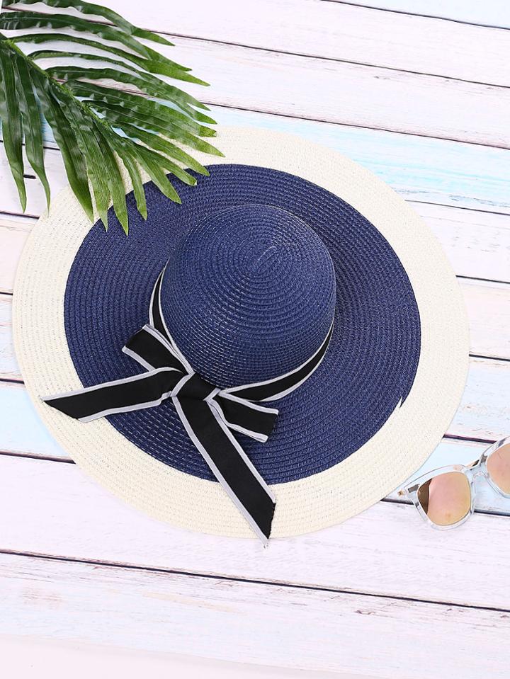 Romwe Blue Vacation Bow Tie Straw Hat