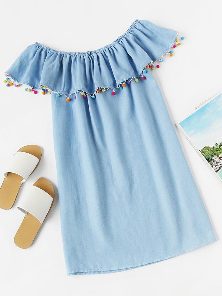 Romwe Flounce Layered Neckline Pompom Trim Dress
