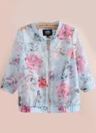 Romwe Stand Collar With Zipper Florals Organza Blue Coat