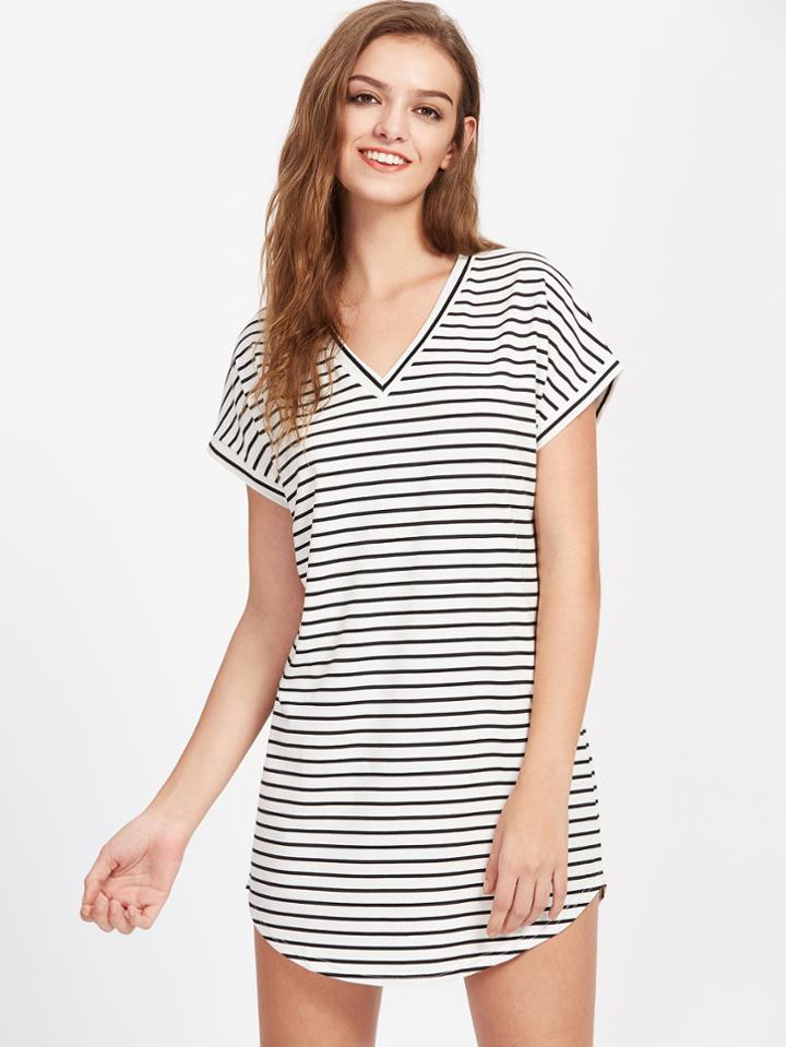 Romwe V Neckline Striped Curved Hem Dress