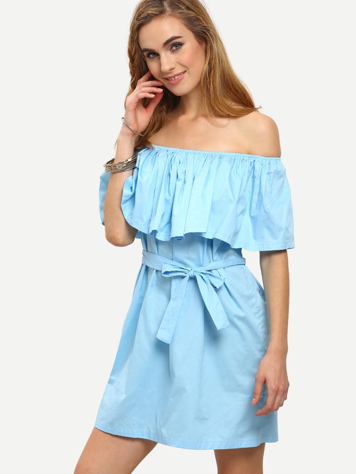 Romwe Blue Off The Shoulder Ruffle Dress